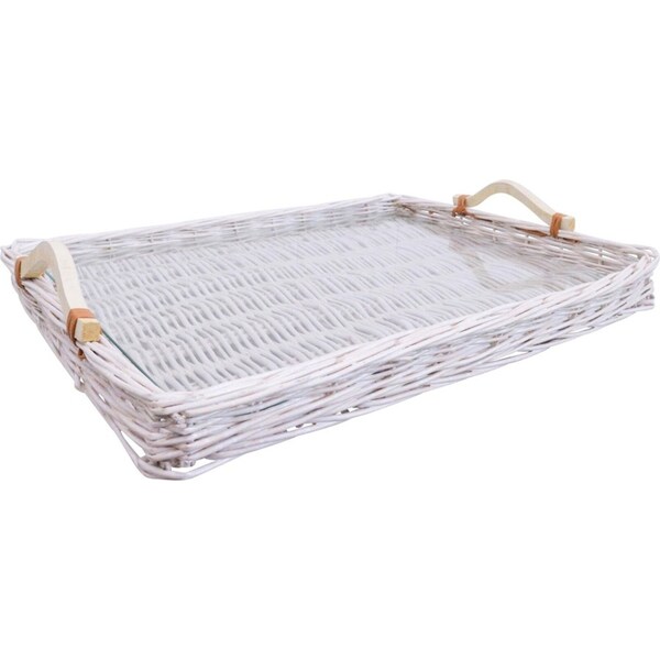 LVD Woven Willow Basket Storage Decor Tray w/ Glass/Handle XL 54x40cm White