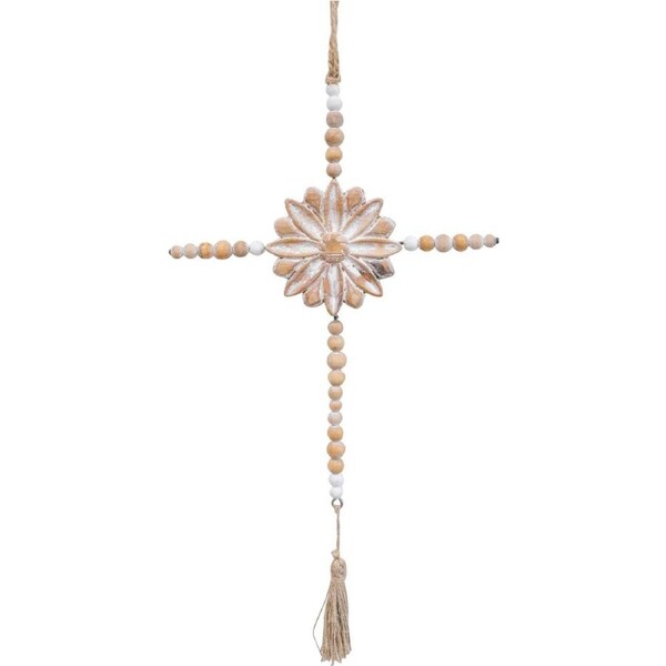 LVD Fir Wood/Iron Cross Beaded Tassel Home/Room Decor Display Natural/White