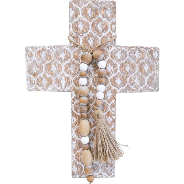 LVD Birch Wood/Iron Cross Motif Beaded Home/Room Decor Display 22.5x31cm