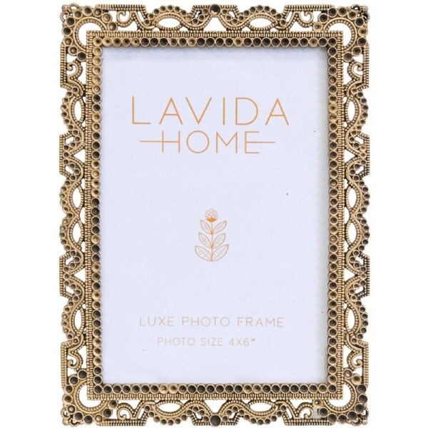LVD Pewter/Glass 4x6'' Photo Frame Antique Home/Room Tabletop Decor Gold
