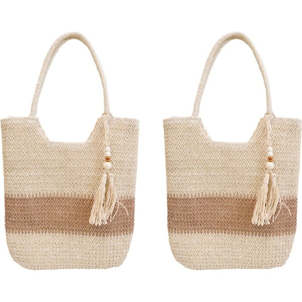 2x LVD Women's/Ladies Woven Stripe Tote Bag Fashion Beach Handbag 40cm Natural
