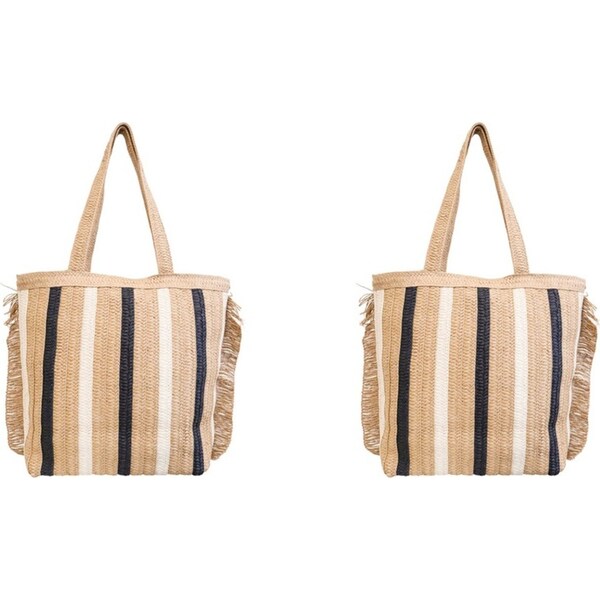 2x LVD Women's/Ladies Stripe Fringe Tote Bag Outdoor/Beach Handbag 47cm Natural