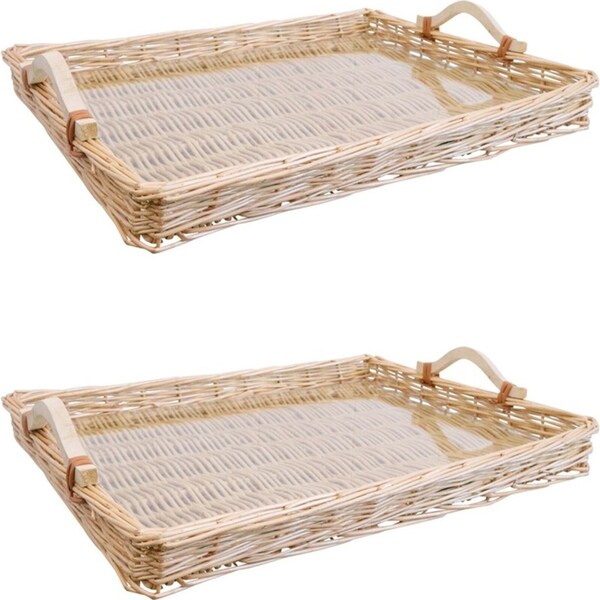 2x LVD Woven Willow Tray Basket w/ Glass/Handle XL Rectangle 54x40cm Natural