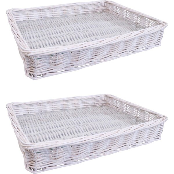2x LVD Saint Tropez Wicker Willow Tray Basket Storage Rectangle 40x30cm White