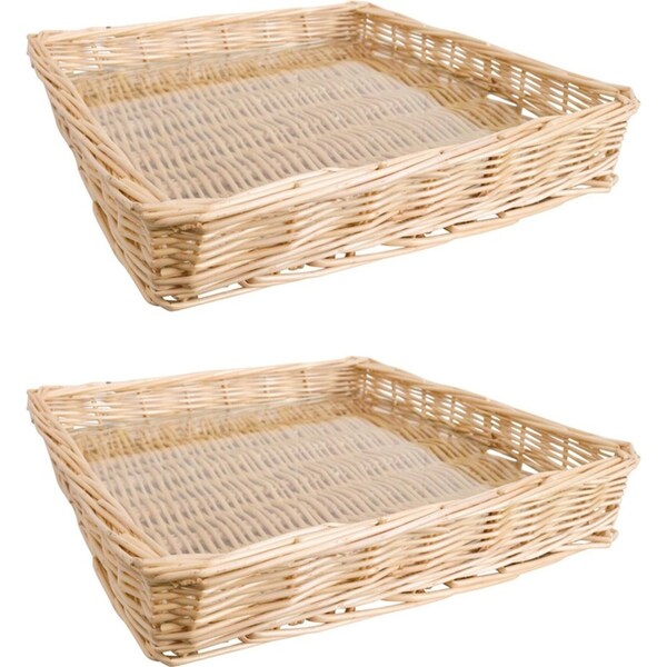 2x LVD Wicker Willow Basket Tray Storage Decor Square w/ Glass 36x36cm Natural