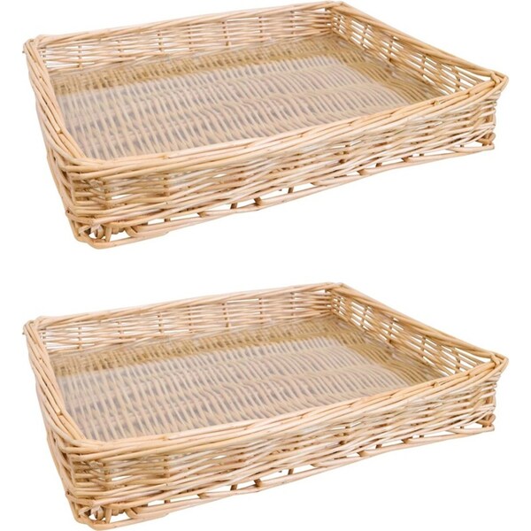2x LVD Saint Tropez Wicker Willow Tray Basket Rectangle w/Glass 40x30cm Natural