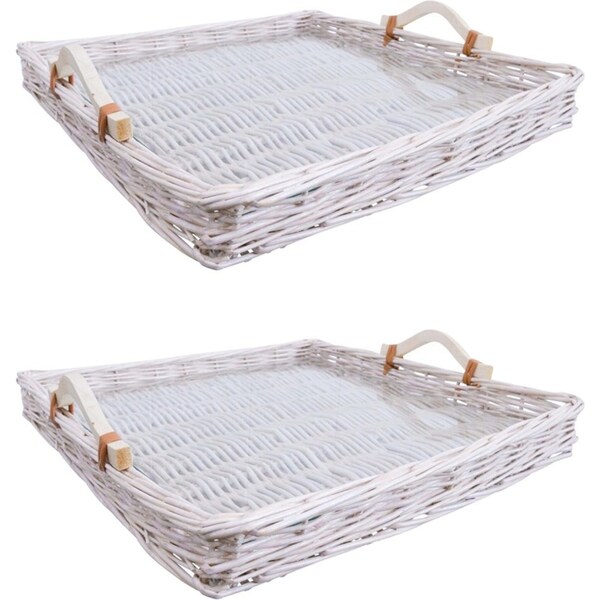 2x LVD Woven Wilow Tray Basket Storage Home Decor Square w/ Glass 45x45cm White