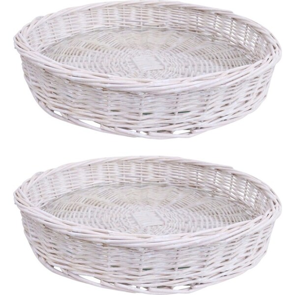 2x LVD Saint Tropez Wicker Willow Tray Basket Decor w/Glass 36x36cm Round White