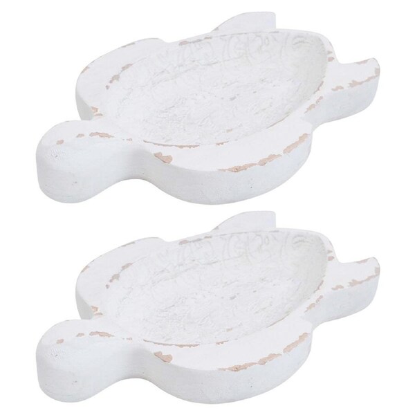 2x LVD Wooden Decorative Turtle Bowl Home/Room Decor 16.5x24cm White Rustic