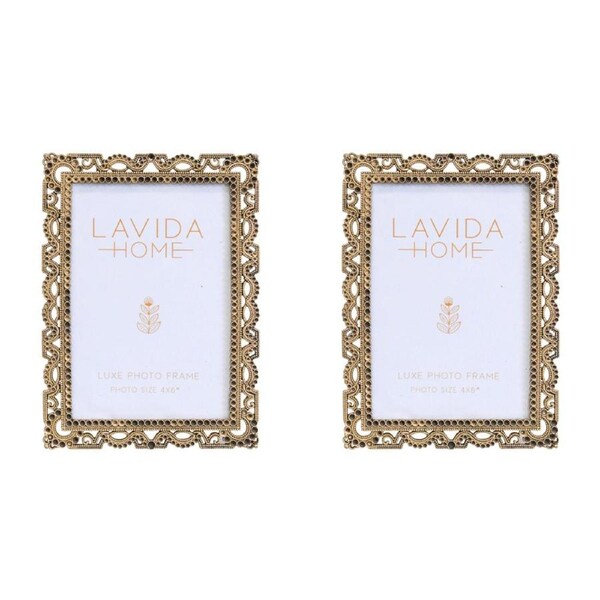 2x LVD Pewter/Glass 4x6'' Photo Frame Antique Home/Room Tabletop Decor Gold