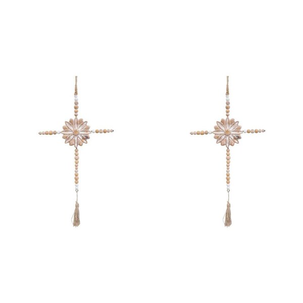 2x LVD Fir Wood/Iron Cross Beaded Tassel Home/Room Decor Display Natural/White