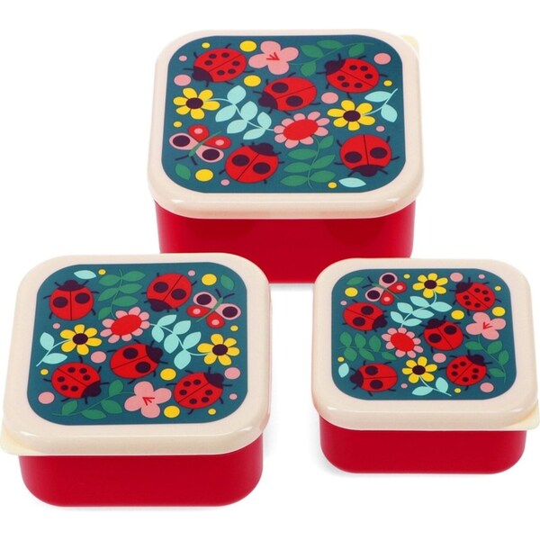 3pc Rex London Kids Plastic Snack/Lunch Box Storage Square Set Ladybird