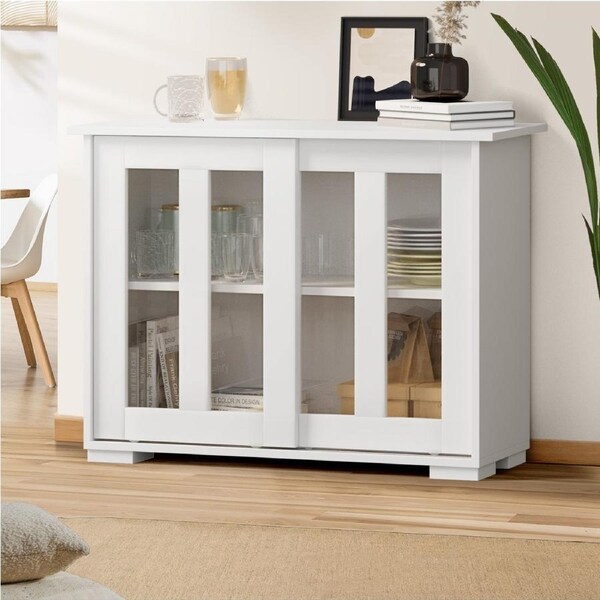 Oikiture Sideboard Buffet Cupboard Cabinet Glass Sliding Door Storage White
