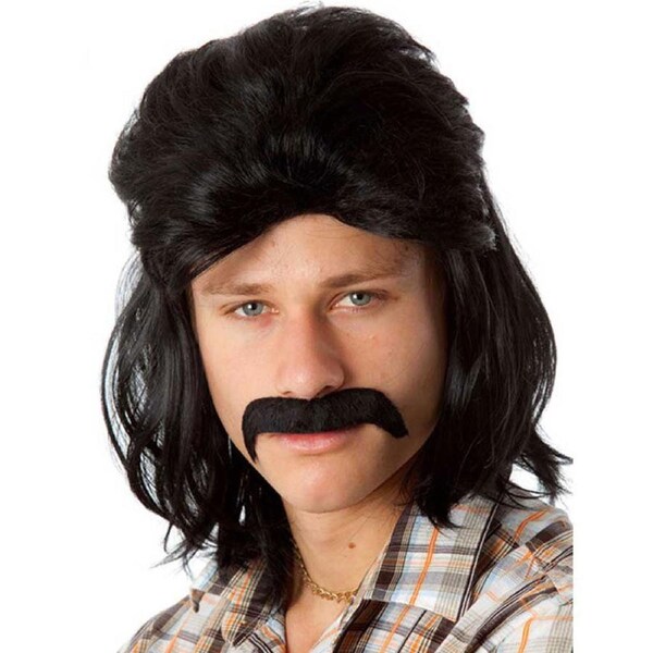 80s Classic Black Mullet Wig and Mo Set