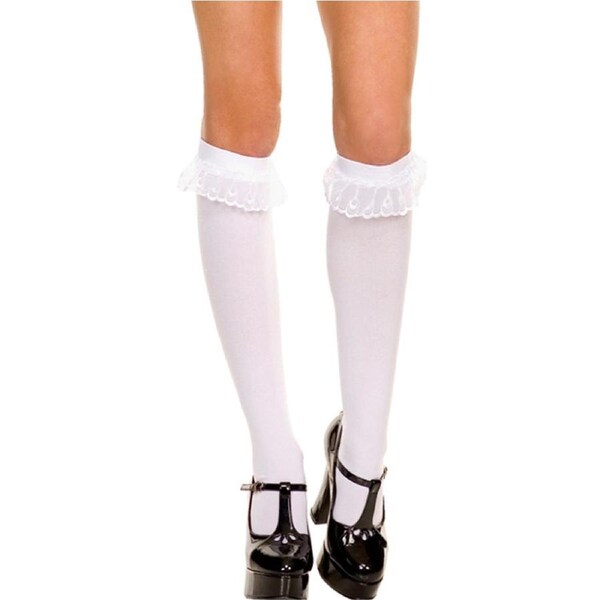 White Knee High Socks with White Lace Ruffle Top