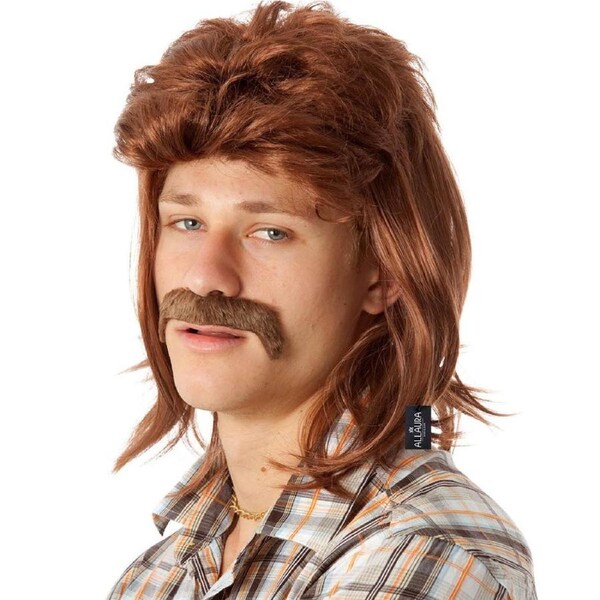 80s Classic Brown Mullet Wig and Mo Set