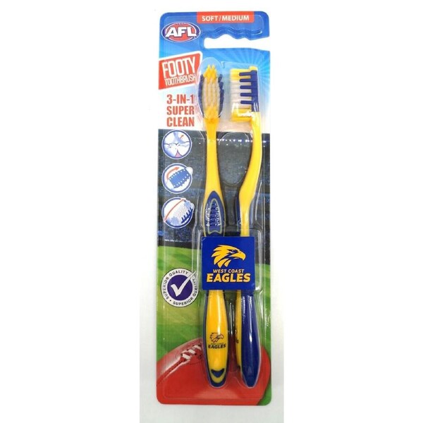 AFL Adult Toothbrush Twin Pack - West Coast Eagles - Set of Two - Soft/Medium