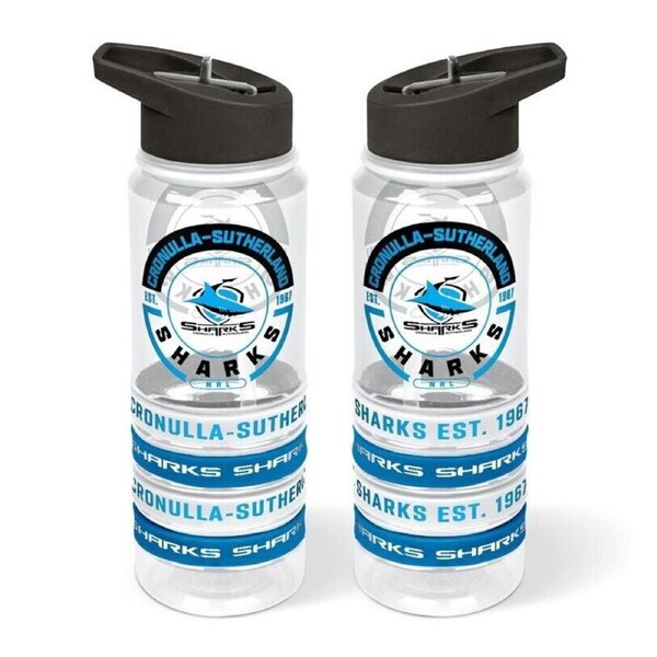 NRL Clear Tritan Drink Bottle 650ml - Cronulla Sharks - 4 Wrist Bands