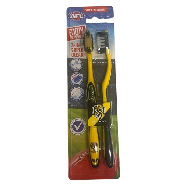 AFL Adult Toothbrush Twin Pack - Richmond Tigers - Set of Two - Soft/Medium