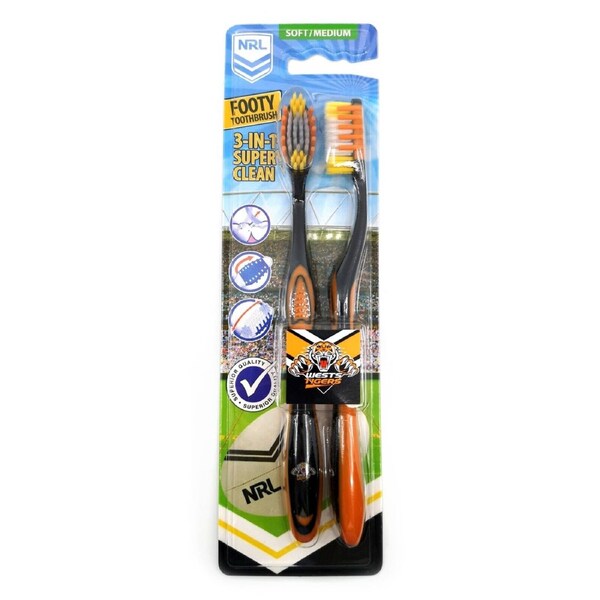 NRL Adult Toothbrush Twin Pack - West Tigers - Set of Two - Soft/Medium