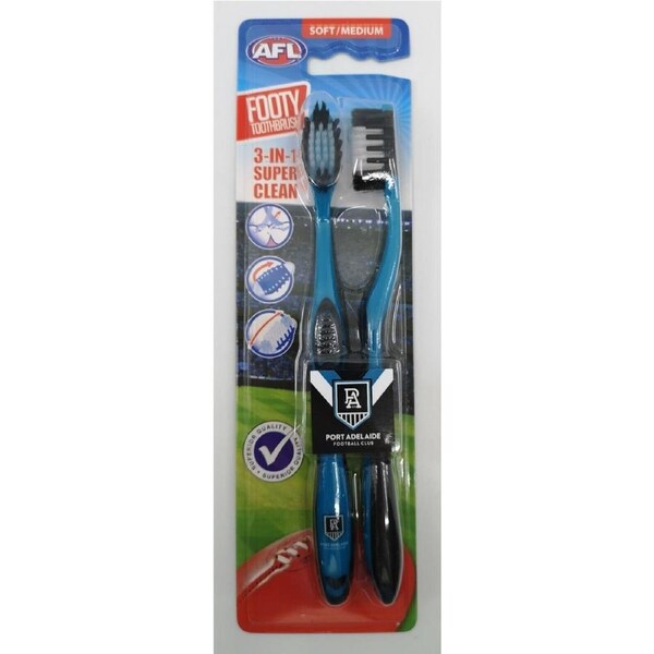 AFL Adult Toothbrush Twin Pack - Port Adelaide Power - Set of Two - Soft/Medium