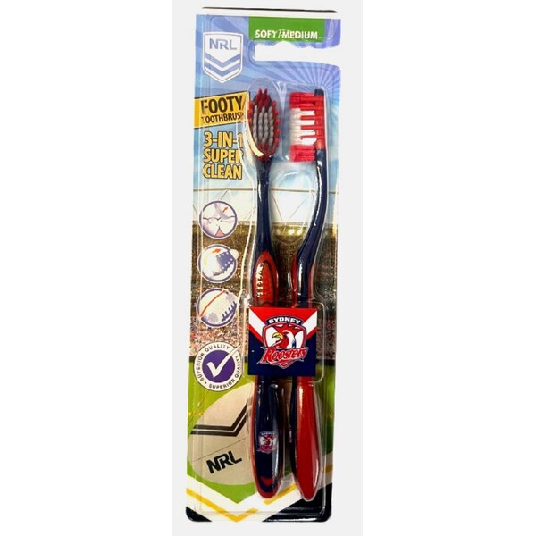 NRL Adult Toothbrush Twin Pack - Sydney Roosters - Set of Two - Soft/Medium