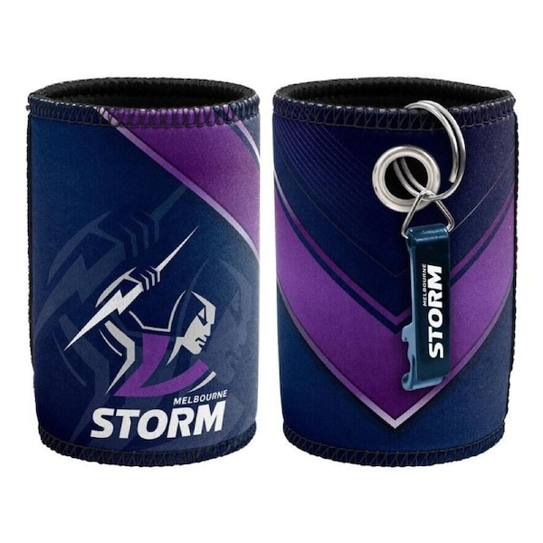 NRL Stubby Can Cooler with Bottle Opener - Melbourne Storm - Rubber Base