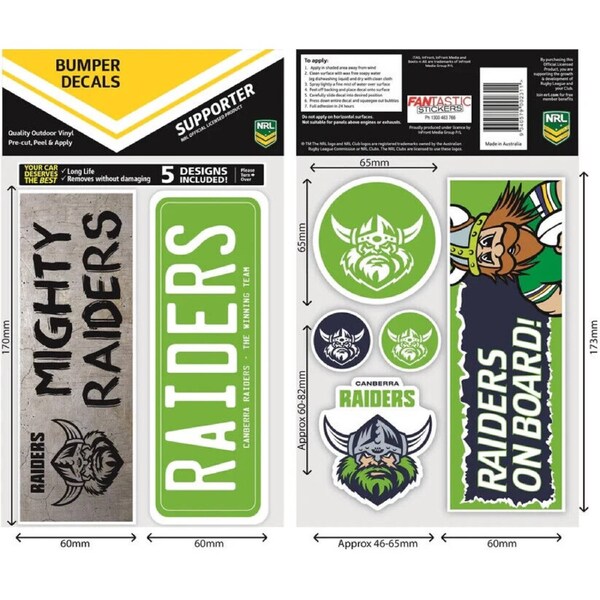 NRL Bumper Decal Sheet Set - Canberra Raiders - Team Logo Sticker - 170mm