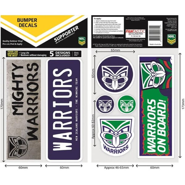 NRL Bumper Decal Sheet Set - New Zealand Warriors - Team Logo Sticker - 170mm