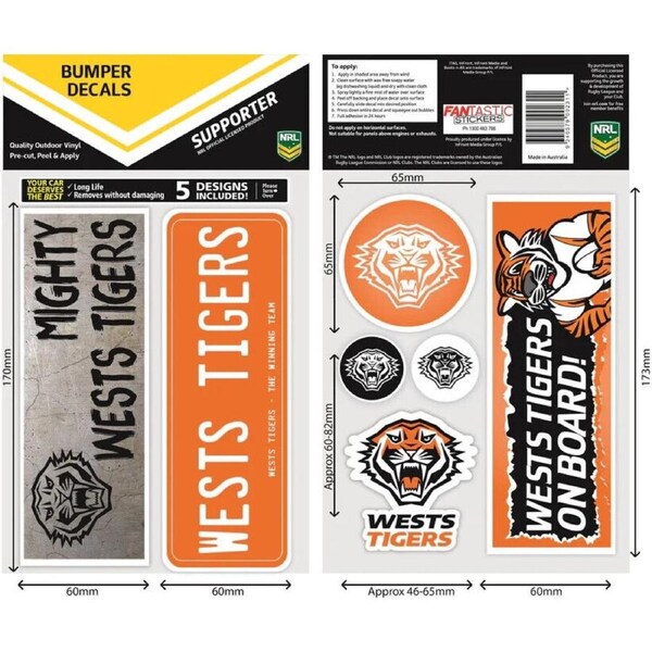 NRL Bumper Decal Sheet Set - West Tigers - Team Logo Sticker - 170mm