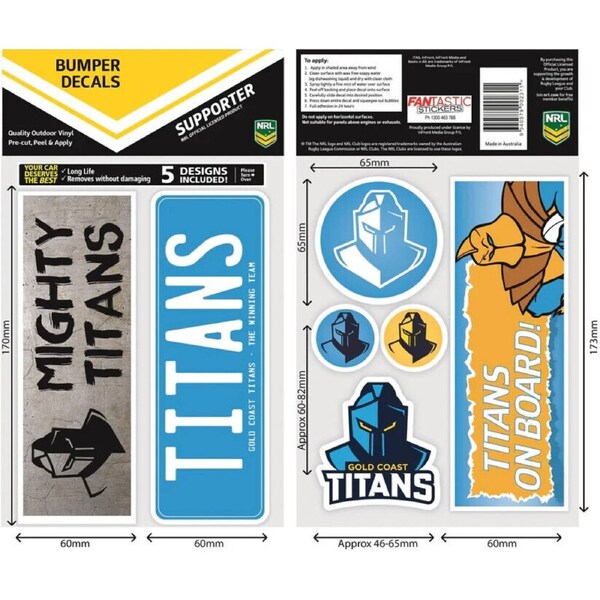 NRL Bumper Decal Sheet Set - Gold Coast Titans - Team Logo Sticker - 170mm