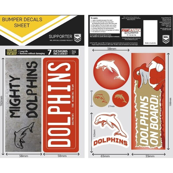 NRL Bumper Decal Sheet Set - Dolphins - Team Logo Sticker - 170mm