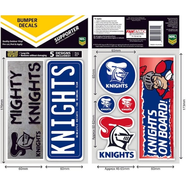 NRL Bumper Decal Sheet Set - Newcastle Knights - Team Logo Sticker - 170mm