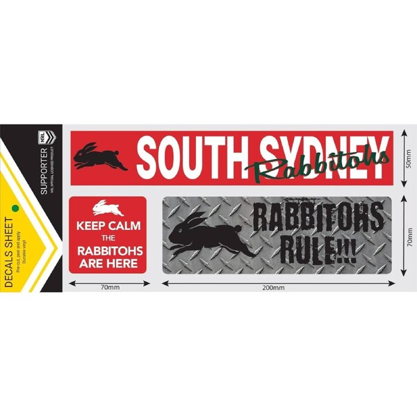NRL Car Window Decal Set - 3 Stickers - South Sydney Rabbitohs - 280mm