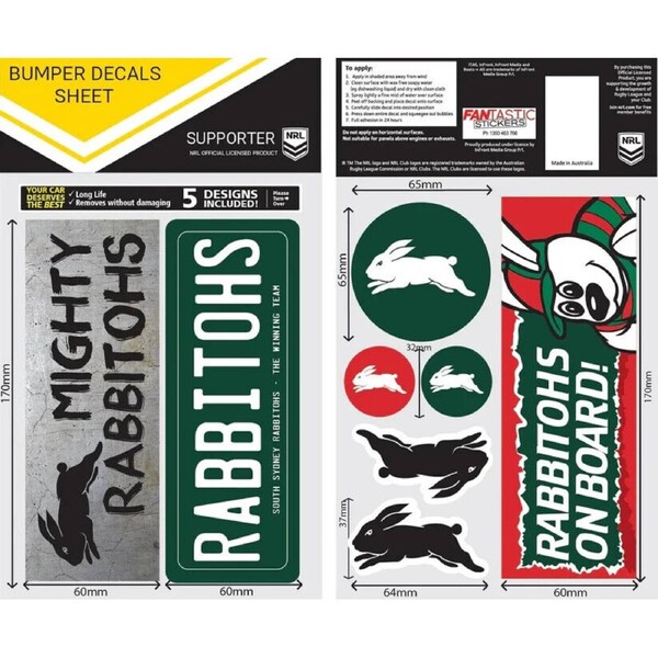 NRL Bumper Decal Sheet Set - South Sydney Rabbitohs - Team Logo Sticker - 170mm