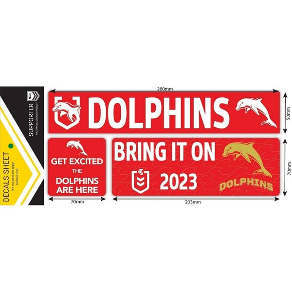 NRL Car Window Decal Set - 3 Stickers - Dolphins - 280mm
