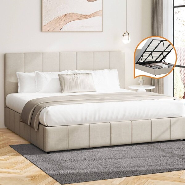 Oikiture Bed Frame King Size Gas Lift Base With Storage Beige Fabric VISH