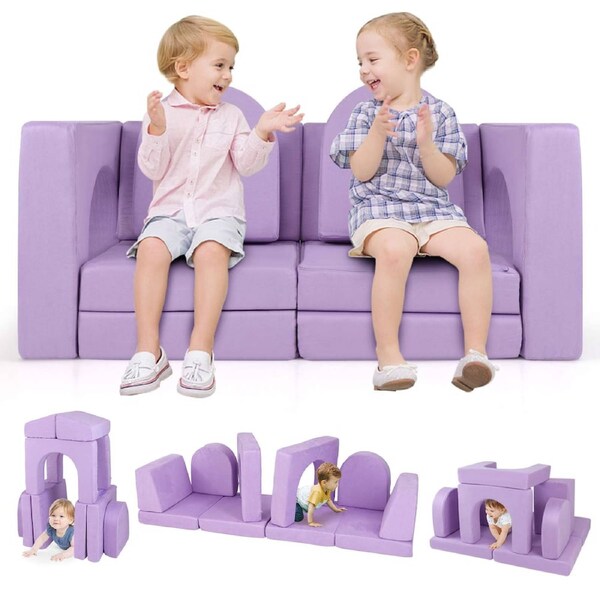 Babyjoy 8PCS Modular Kids Couch Playset Creative Sofa Set Toddler Combination Foam Block w/Suede Fabric Purple