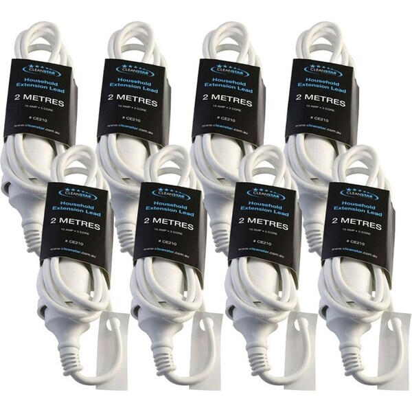 8x Cleanstar 2m Household/Home Portable Indoor Extension Lead Plug & Play White