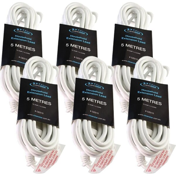 6x Cleanstar 5m Household/Home Portable Indoor Extension Lead Plug & Play White
