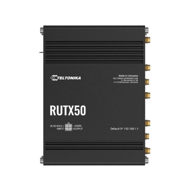 Teltonika Industrial 5G Router, 5G dual SIM cellular, 5 Gigabit Ethernet ports, dual-band WI-Fi, comes with the RutOS operating system, PSU included