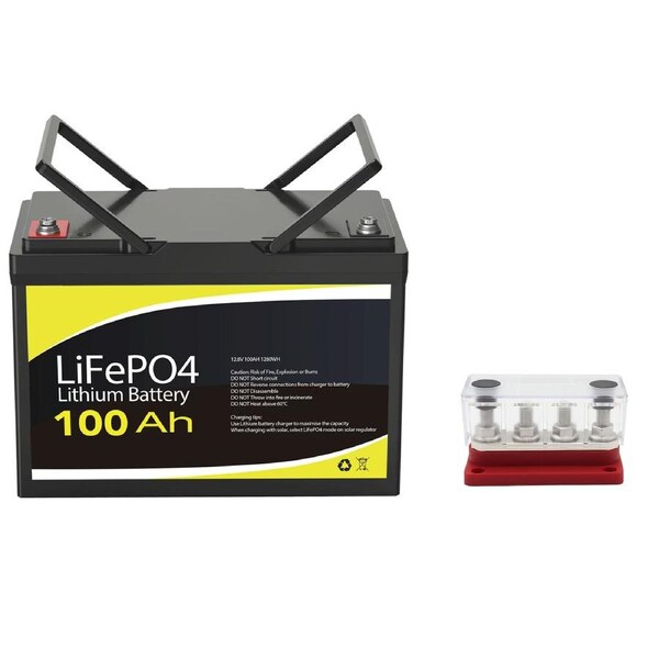 12V 100Ah Lithium Battery + 4 GANG 300A BusBar Red