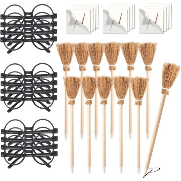 Wizard Party Supplies Kit - Wizard Glasses with Round Frame No Lenses,Witch Broom Pencil,Lightning Bolt Scar Temporary Tattoo for Magic Theme Birthday ,Halloween,Cosplay Costume Party Decor,12pcs each