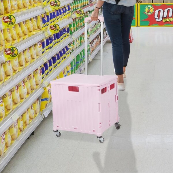 Traderight 65L Foldable Shopping Trolley Camping Cart Grocery Basket Rolling Wheel Cover Pink