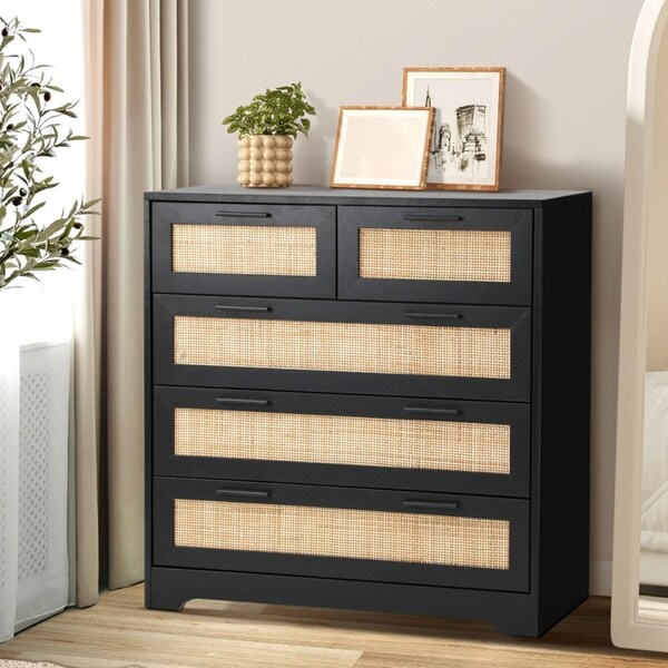 5 Chest of Drawers Oikiture Rattan Cabinet Tallboy Black