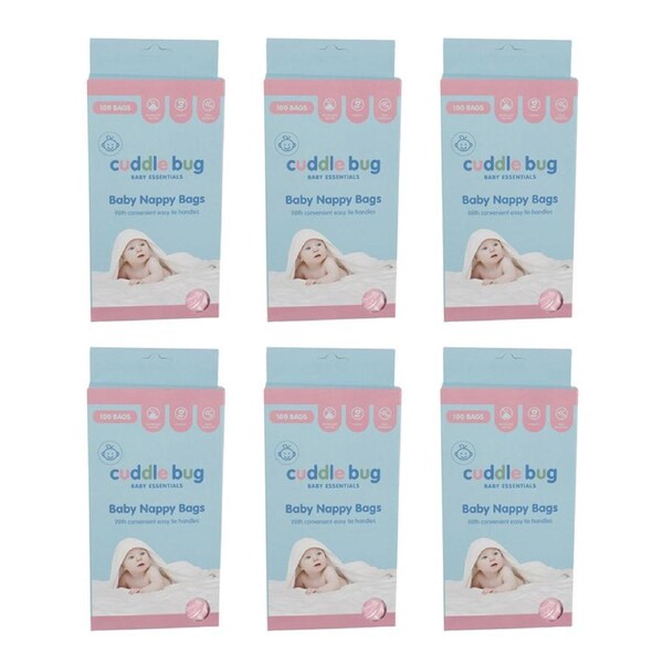 6x 100pc Cuddle Bug Disposable Portable Nappy Durable Bags w/ Easy Tie Handles
