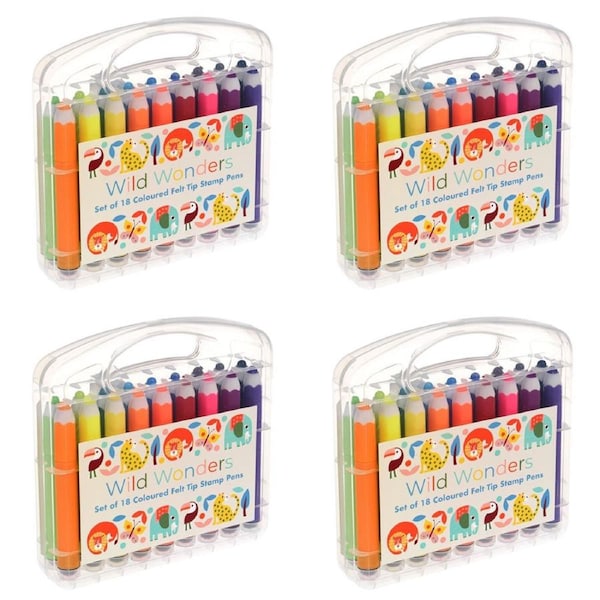4x 18pc Rex London Felt Tip Stamp Pens Kids Marker Art/Craft Kit Wild Wonders