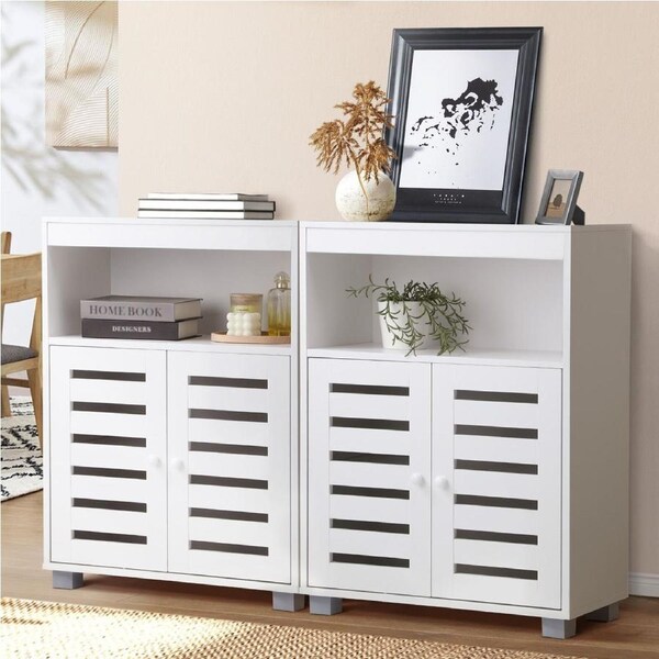 Oikiture 2x Buffet Sideboard Shoe Storage Cabinet Slatted Doors White