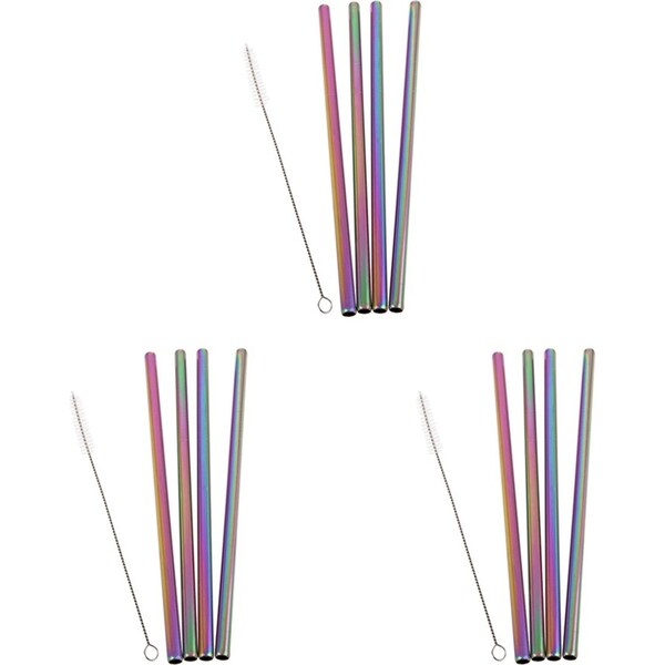 3x 4pc Appetito Stainless Steel Straight Milky Smoothie Straws w/ Brush Rainbow