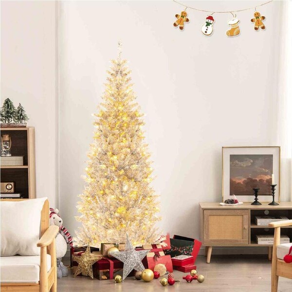 Costway 1.8M Silver Christmas Tree Tinsel Leaves Slim Xmas Tree Folding Metal Stand White